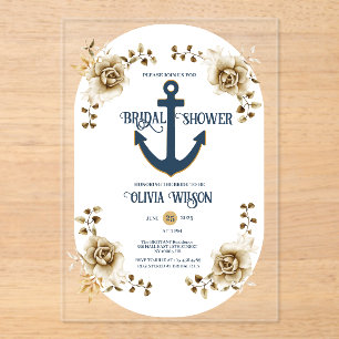 Nautische Brautparty Anker Blau Gold Blumen  Acryleinladungen