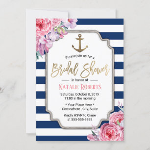 Nautische Brautparty Rosa Blumen Navy Streifen Einladung