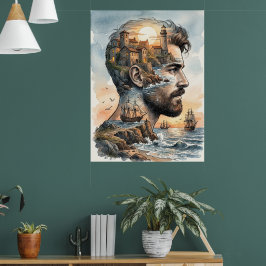 Nautische Doppelbelichtung Aquarell-Mann-Silhouett Poster