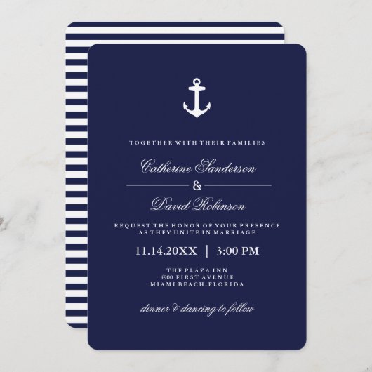 Nautische Einladungen zu Hochzeiten mit Marinestre (Vorne/Hinten)