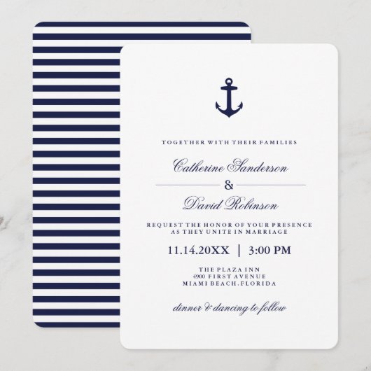 Nautische Einladungen zu Hochzeiten mit Marinestre (Vorne/Hinten)