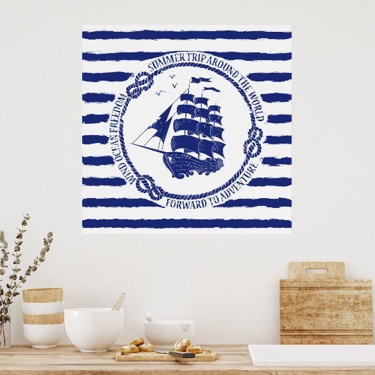 Nautische Emblem mit Segelschiff Poster (Küche)
