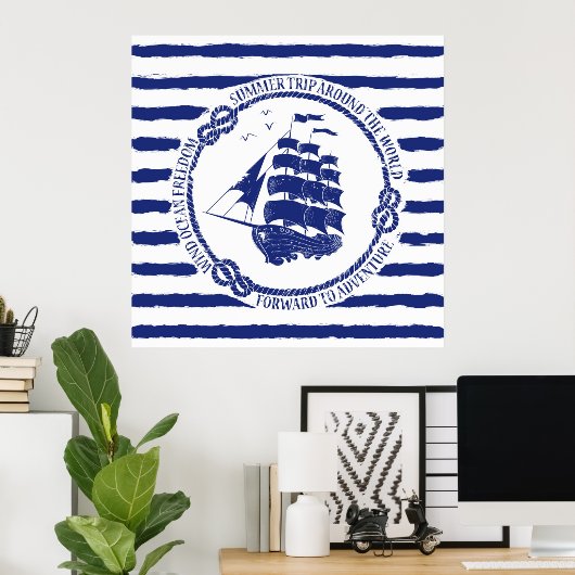 Nautische Emblem mit Segelschiff Poster (Heimbüro)