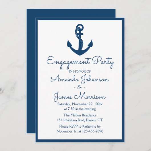 Nautische Engagement Party Navy Blue Anchor Hochze Einladung (Vorne/Hinten)