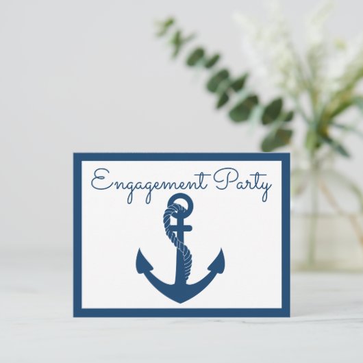 Nautische Engagement Party Navy Blue Anchor Hochze Einladungspostkarte (Stehend Vorderseite)