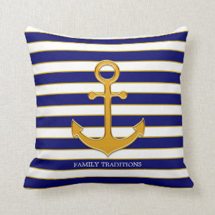 Nautische Familie Goldener Anker auf Navy Blau & W Kissen