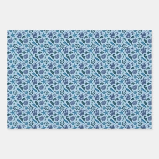 Nautische Farbtöne des blauen Musters Geschenkpapier Set (Vorderseite)
