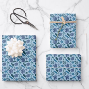 Nautische Farbtöne des blauen Musters Geschenkpapier Set