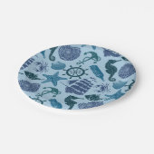 Nautische Farbtöne des blauen Musters Pappteller (Schrägansicht)