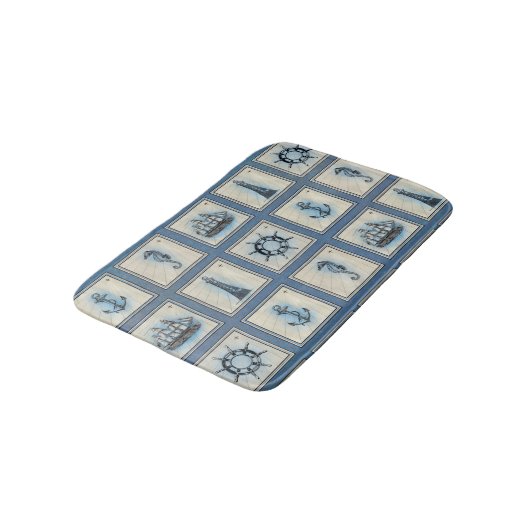 Nautische Fliesen | Blue Lighthouse Anchor Ship Wh Badematte (Schrägansicht)