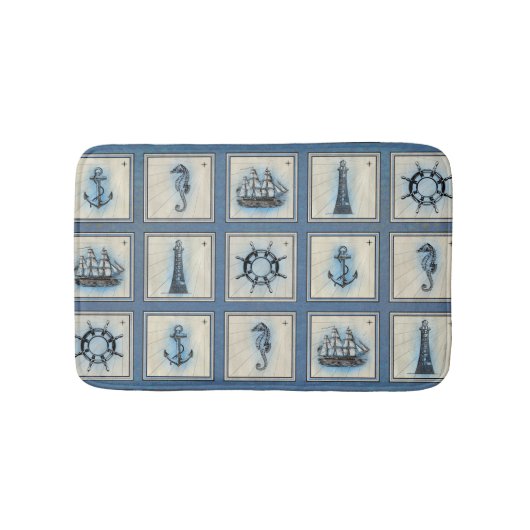 Nautische Fliesen | Blue Lighthouse Anchor Ship Wh Badematte (Vorderseite)