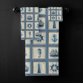 Nautische Fliesen | Blue Lighthouse Anchor Ship Wh Badhandtuch Set