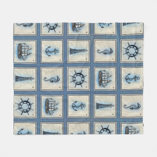 Nautische Fliesen | Blue Lighthouse Anchor Ship Wh Fleecedecke (Vorderseite (Horizontal))