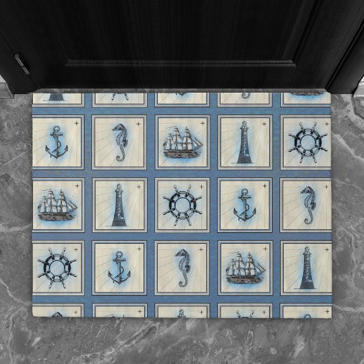 Nautische Fliesen | Blue Lighthouse Anchor Ship Wh Fußmatte