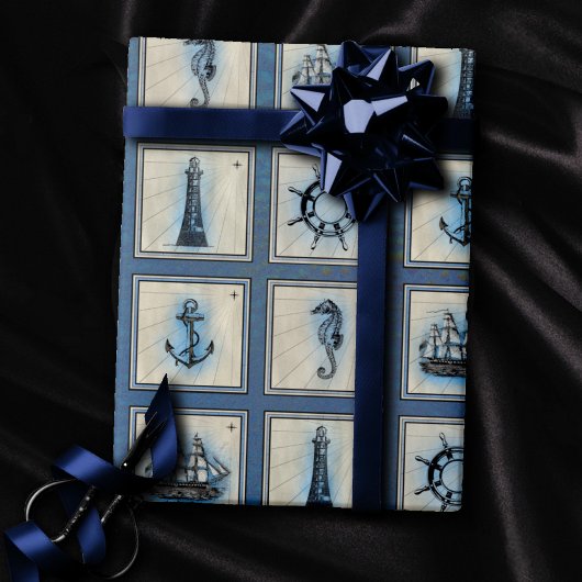 Nautische Fliesen | Blue Lighthouse Anchor Ship Wh Geschenkpapier