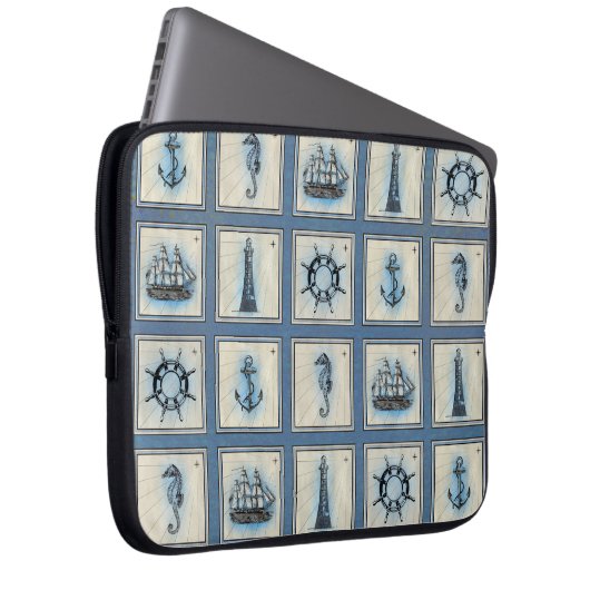 Nautische Fliesen | Blue Lighthouse Anchor Ship Wh Laptopschutzhülle (Vorne Rechts)