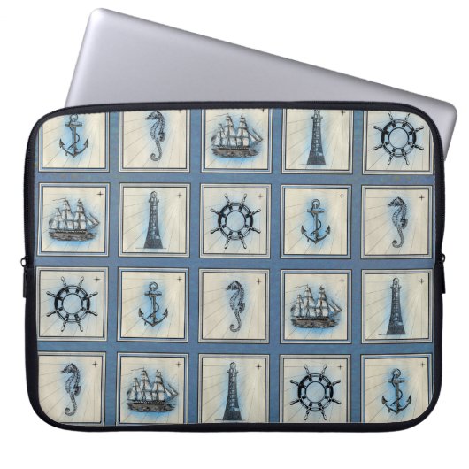 Nautische Fliesen | Blue Lighthouse Anchor Ship Wh Laptopschutzhülle (Vorderseite)