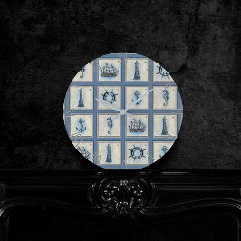 Nautische Fliesen | Blue Lighthouse Anchor Ship Wh Runde Wanduhr