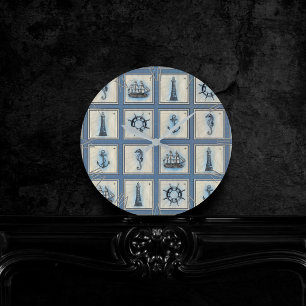 Nautische Fliesen   Blue Lighthouse Anchor Ship Wh Runde Wanduhr