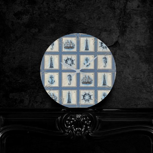 Nautische Fliesen | Blue Lighthouse Anchor Ship Wh Runde Wanduhr