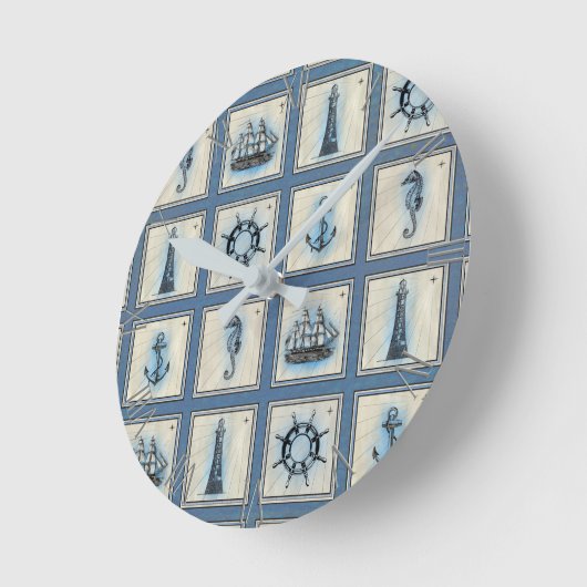 Nautische Fliesen | Blue Lighthouse Anchor Ship Wh Runde Wanduhr (Winkel)