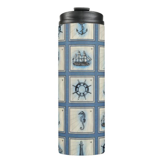 Nautische Fliesen | Blue Lighthouse Anchor Ship Wh Thermosbecher (Vorderseite)