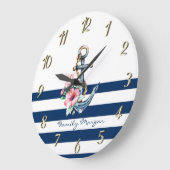 Nautische, florale Anker Blaue Streifen der Marine Große Wanduhr (Winkel)