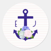 Nautische florale Streifen Hochzeit Runder Aufkleber (Vorderseite)