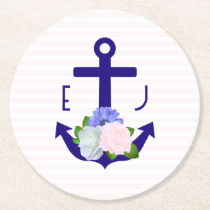 Nautische florale Streifen Hochzeit Runder Pappuntersetzer
