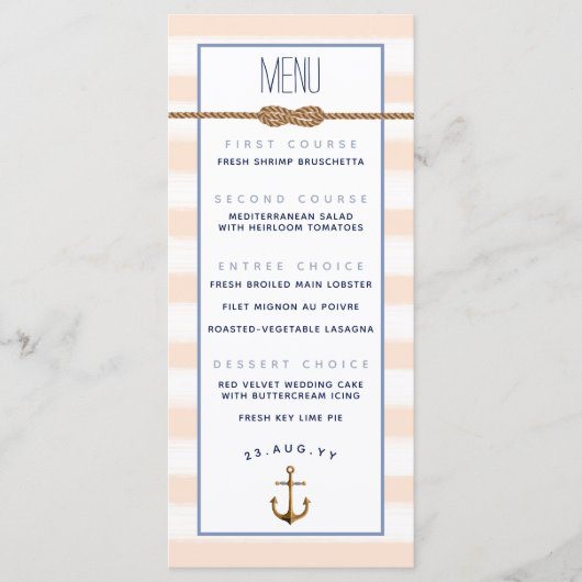 Nautische, formale Ereigniskoralle und weiße Strei Menükarte (Vorderseite)