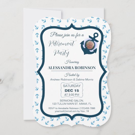 Nautische Foto-Anker- und Navy-Blautöne Ruhestand Einladung (Vorderseite)