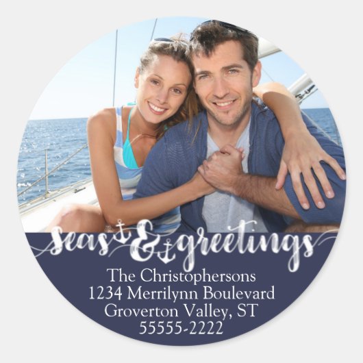 Nautische Frohe Festtage Foto Rücksendeadresse Runder Aufkleber (Vorderseite)