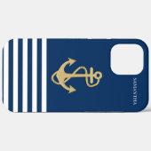 Nautische, Gold Anchor Navy Blue Striped Case Mate (Rückseite (Horizontal))
