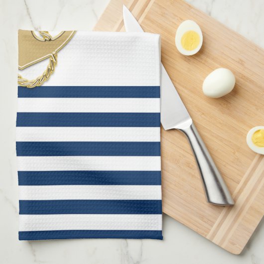 Nautische, goldene Anker blaue Streifen der Marine Geschirrtuch (Viertel Falte)