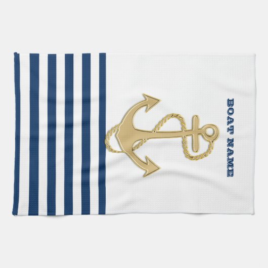 Nautische, goldene Anker blaue Streifen der Marine Geschirrtuch (Horizontal)