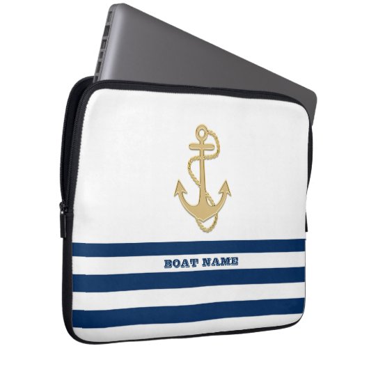 Nautische, goldene Anker blaue Streifen der Marine Laptopschutzhülle (Vorne Rechts)