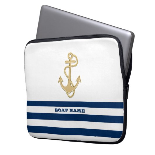 Nautische, goldene Anker blaue Streifen der Marine Laptopschutzhülle (Vorderseite Links)
