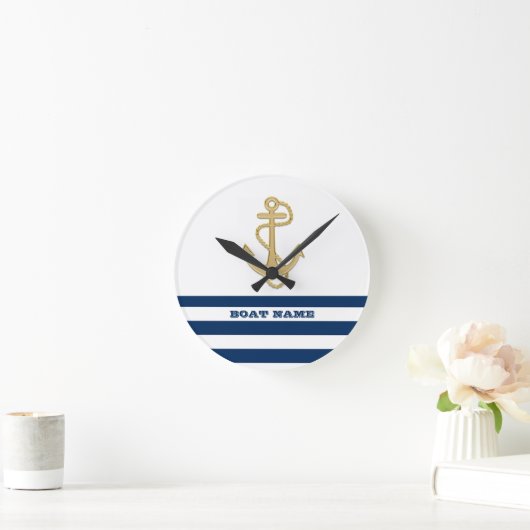 Nautische, goldene Anker blaue Streifen der Marine Runde Wanduhr (Zuhause)