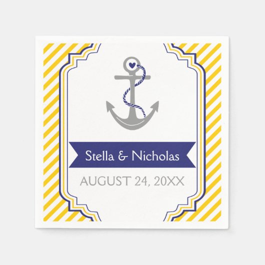 Nautische graue Ankermarineblau, gelbe Hochzeit Serviette (Vorderseite)