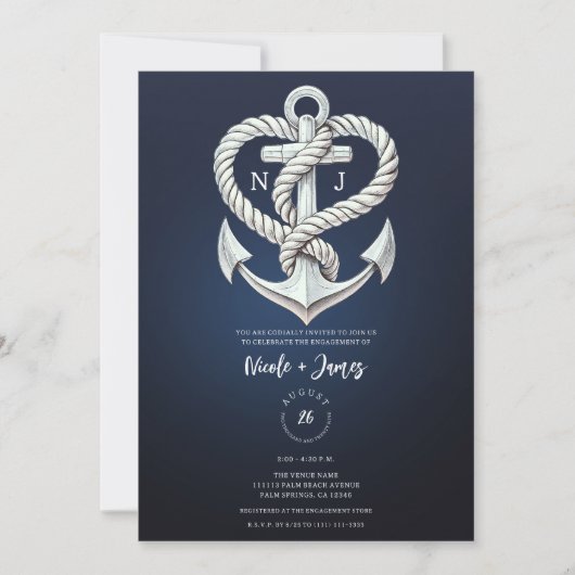 Nautische Heart Rope Anchor Coastal Navy Verlobung Einladung (Vorderseite)