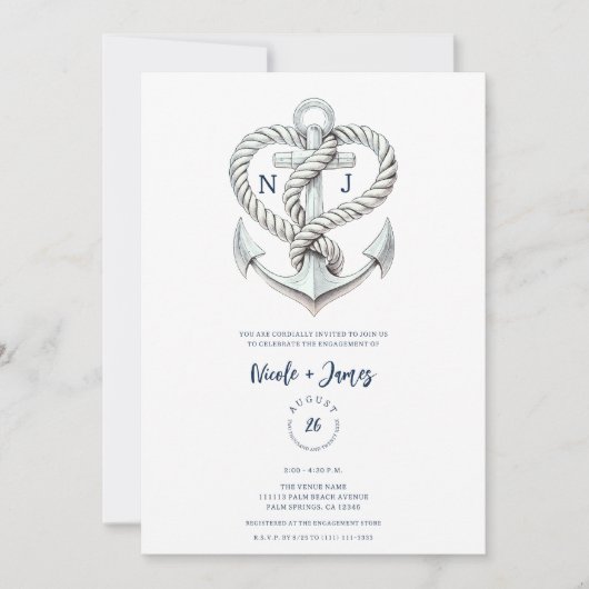Nautische Heart Rope Anchor Coastal Verlobung Einladung (Vorderseite)