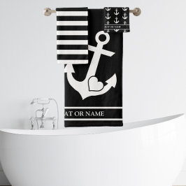 Nautische Herzkronen Schwarz-Weiß Streifen nach Ma Badhandtuch Set