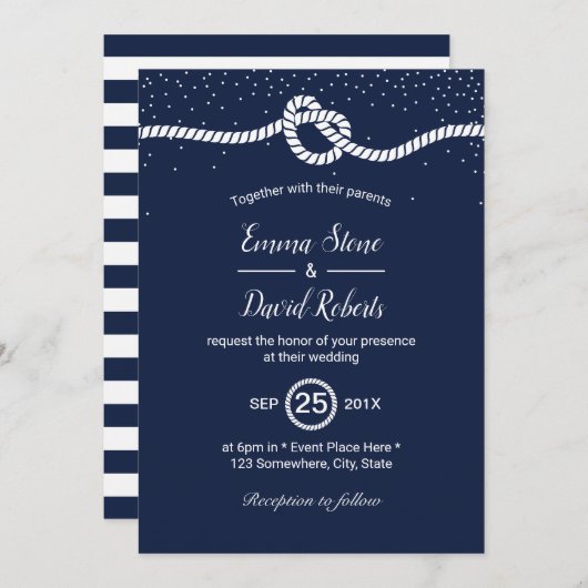 Nautische Hochzeit bindet das Herz der Navy blau Einladung (Vorne/Hinten)