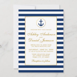 Nautische Hochzeit Blau Streifen Goldene Einladung