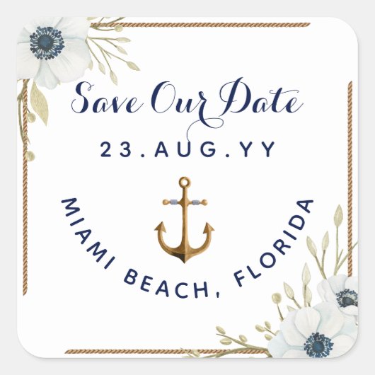 Nautische Hochzeit mit blauem und weißem Anemone Quadratischer Aufkleber (Vorderseite)