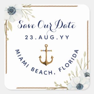 Nautische Hochzeit mit blauem und weißem Anemone Quadratischer Aufkleber