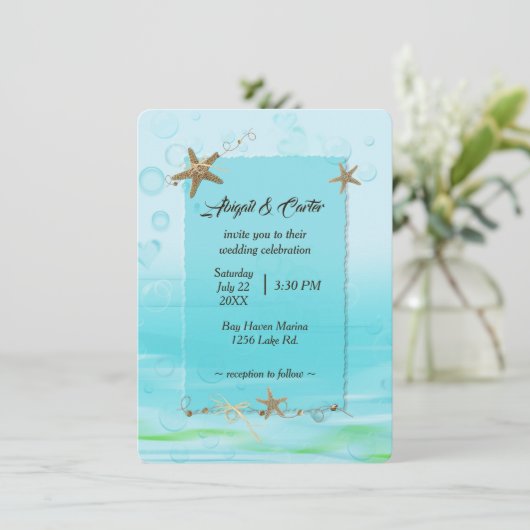 Nautische Hochzeit mit Starfish und Blasen Einladung (Stehend Vorderseite)