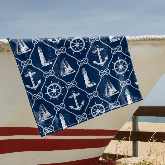 Nautische Icons Navy Blue und White Rope Strandtuch