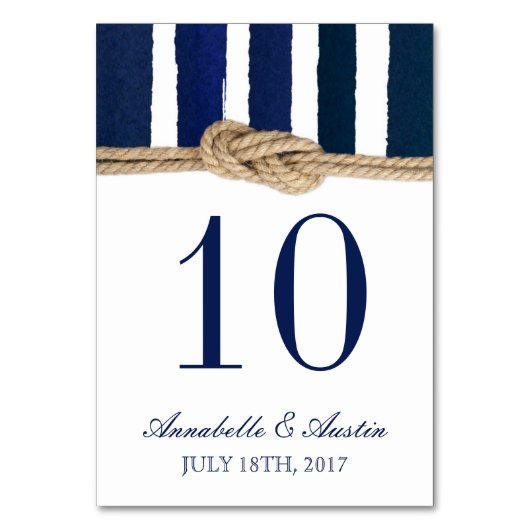 Nautische Knot Navy Stripes Hochzeitskarte Tischnummer (Vorderseite)