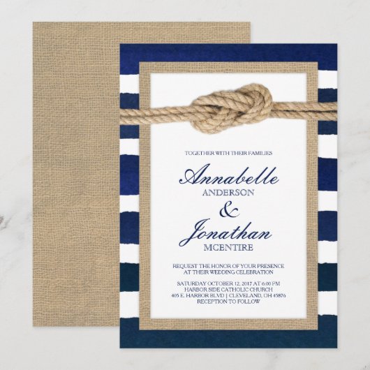 Nautische Knoten Burlap & Watercolor Navy Strips Einladung (Vorne/Hinten)